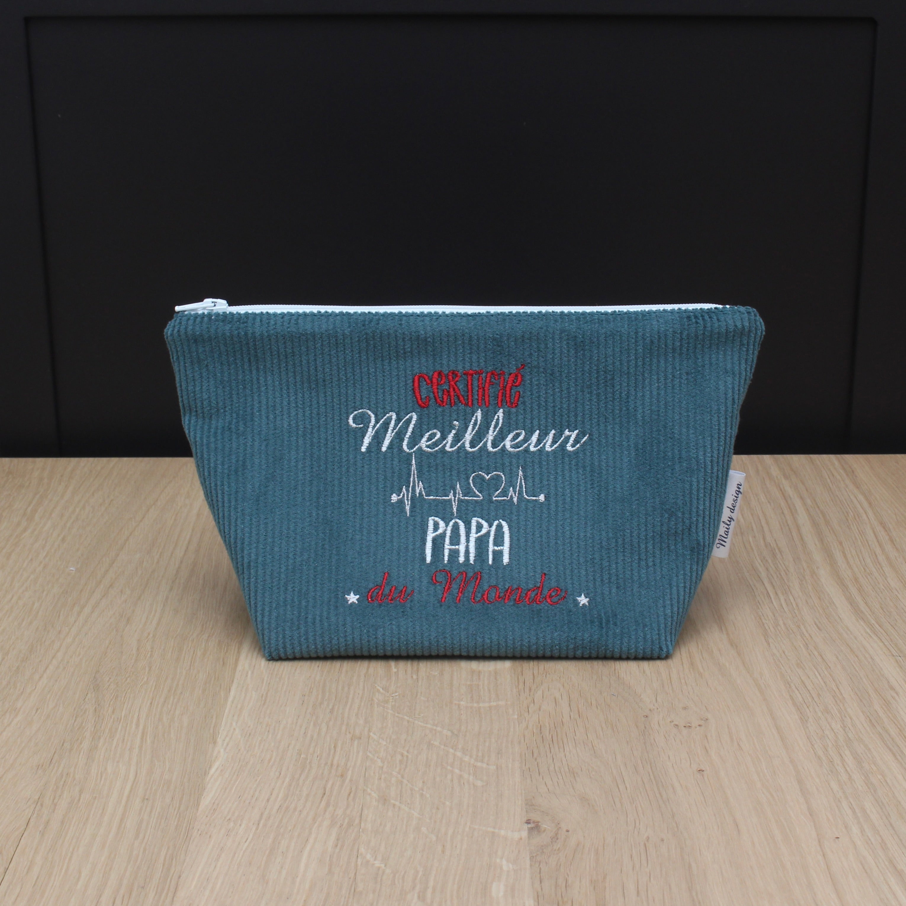 Trousse en velours côtelé brodée – "Certifiée meilleure Papa du monde"