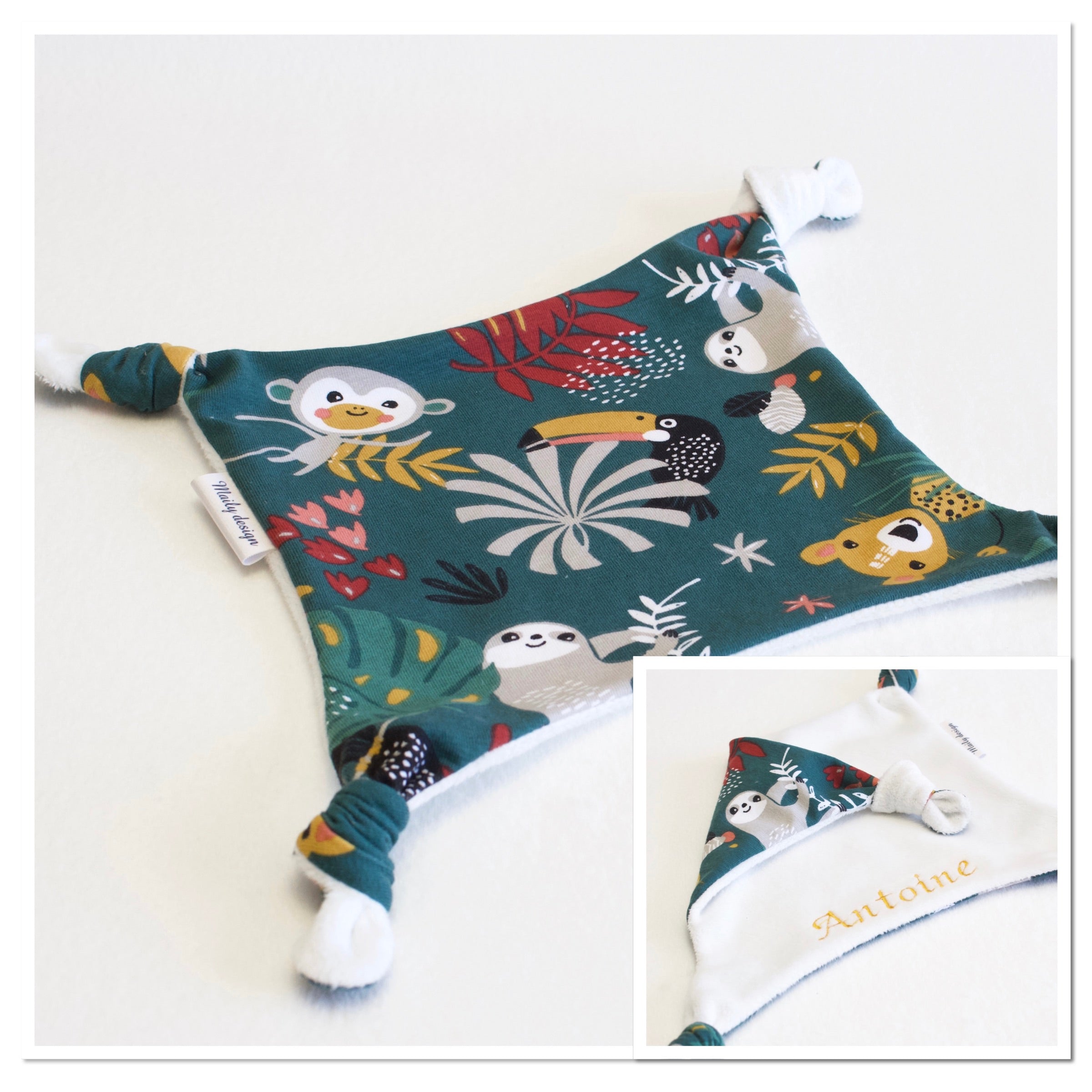 Doudou plat personnalisé avec une broderie, motif et couleur au choix