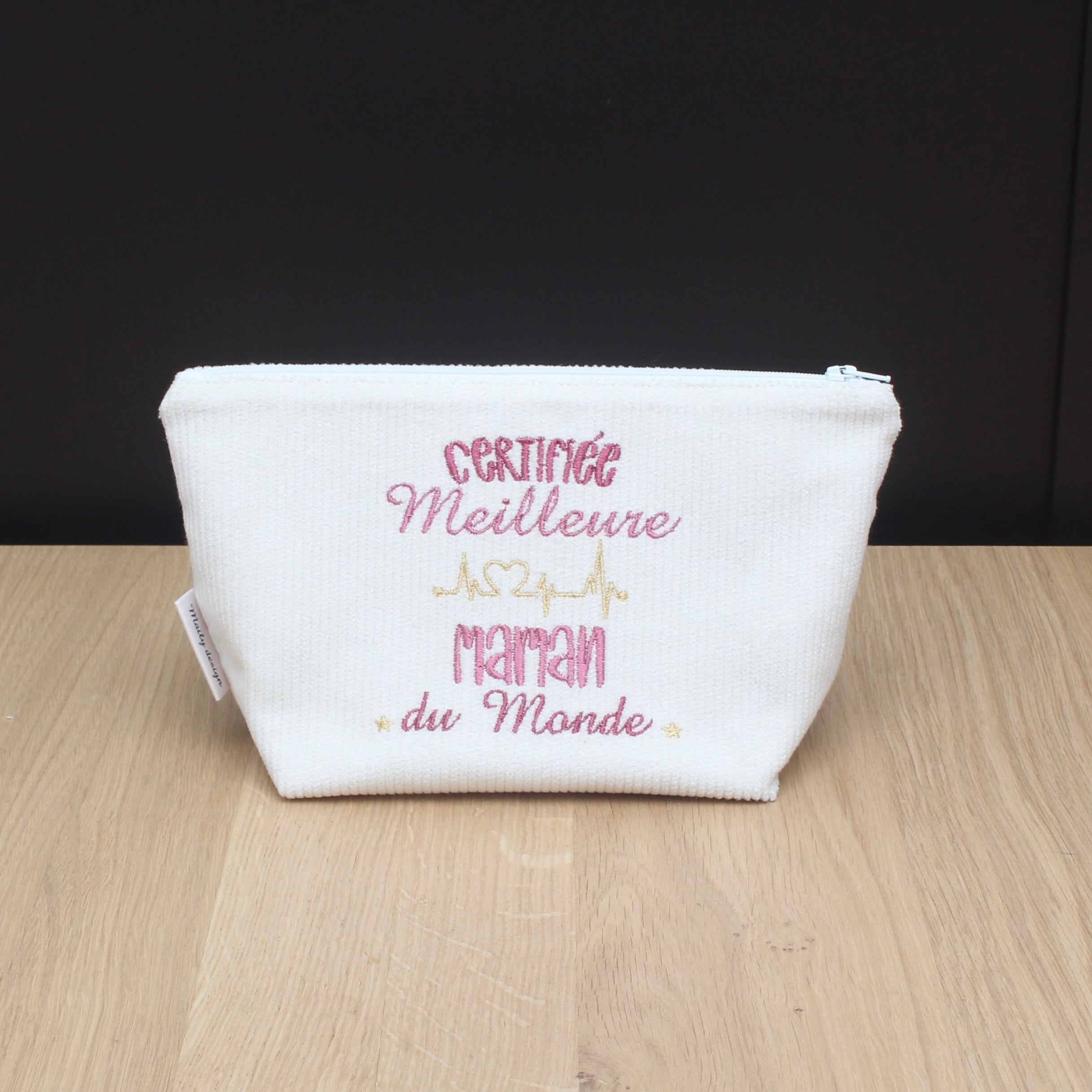 Trousse en velours côtelé brodée – "Certifiée meilleure Maman du monde"