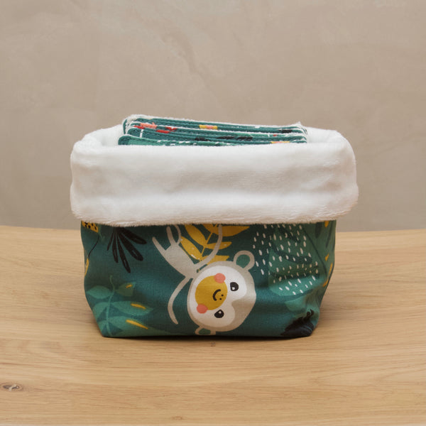 Panier de 10 cotons lavables et réutilisables dans un panier assorti, motif au choix