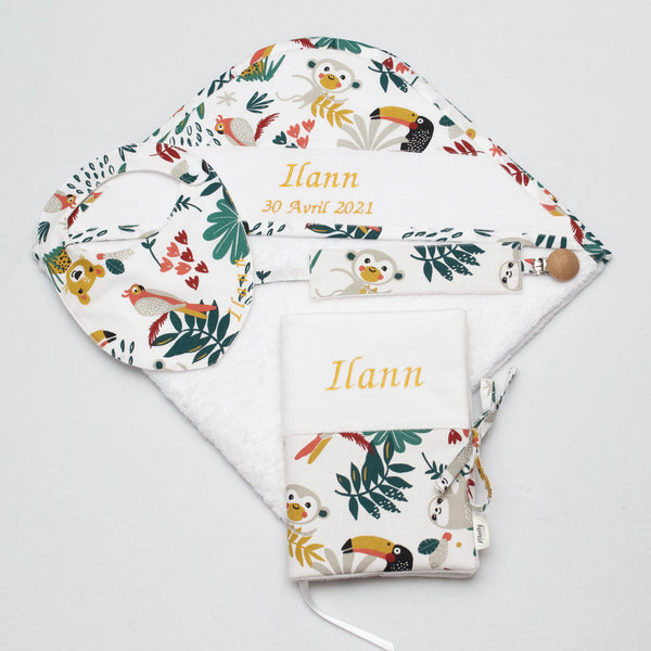 PACK NAISSANCE  TROPICAL 3 PIÈCES - CAPE DE BAIN, PROTÈGE CARNET DE SANTÉ, BAVOIR